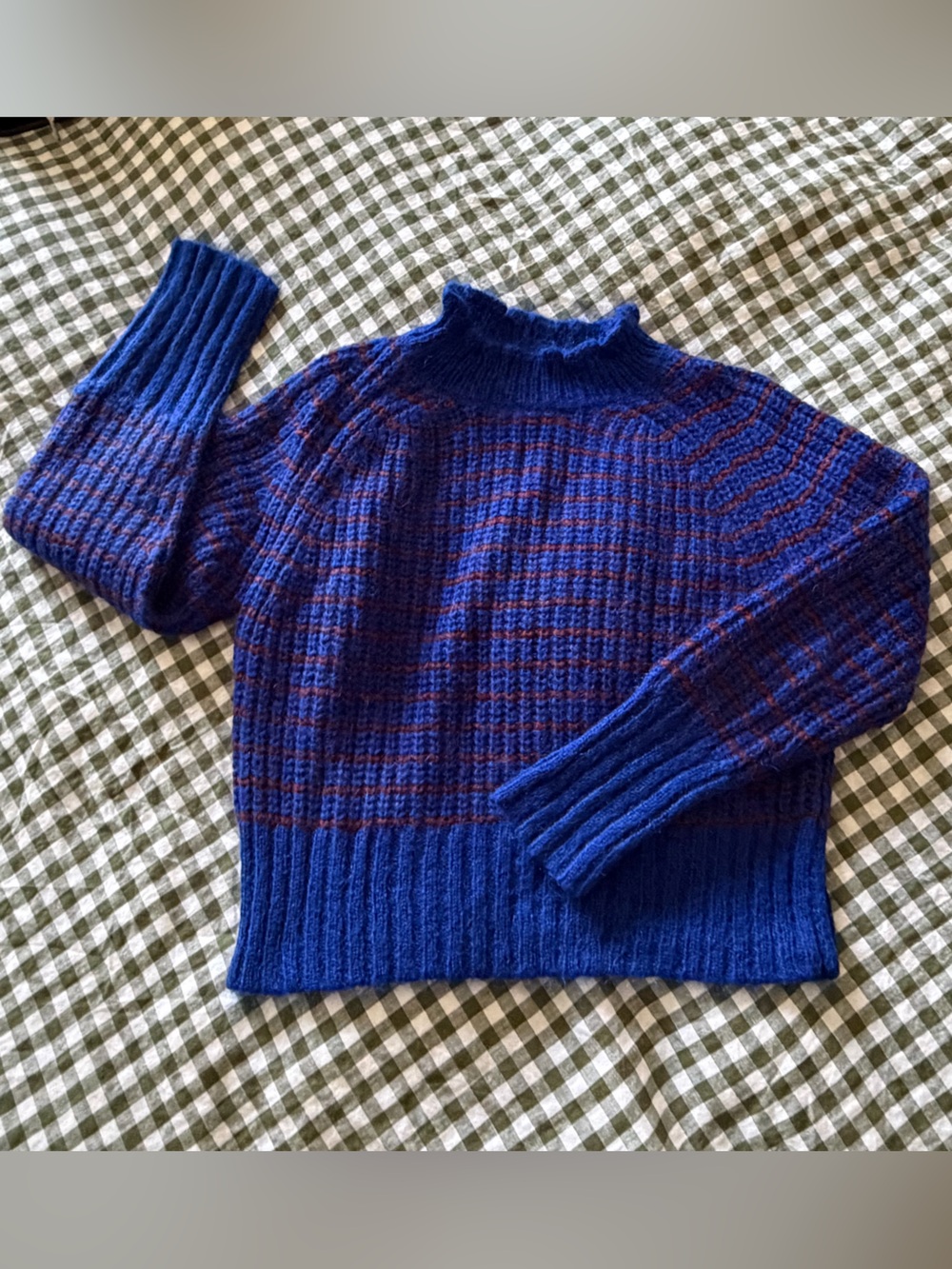Blue Ribbed Crewneck Sweater with Subtle Red Stripe